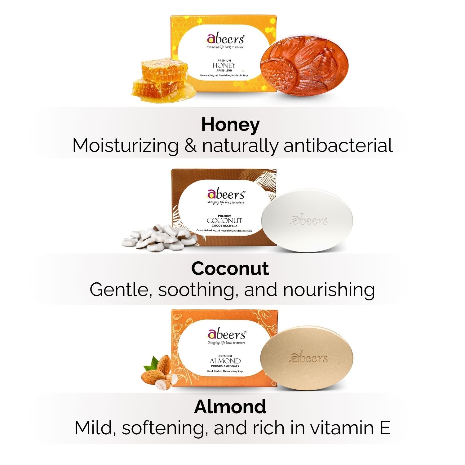 Abeers Cold Processed Soap Combo – Almond, Honey & Coconut (3 x 100g)