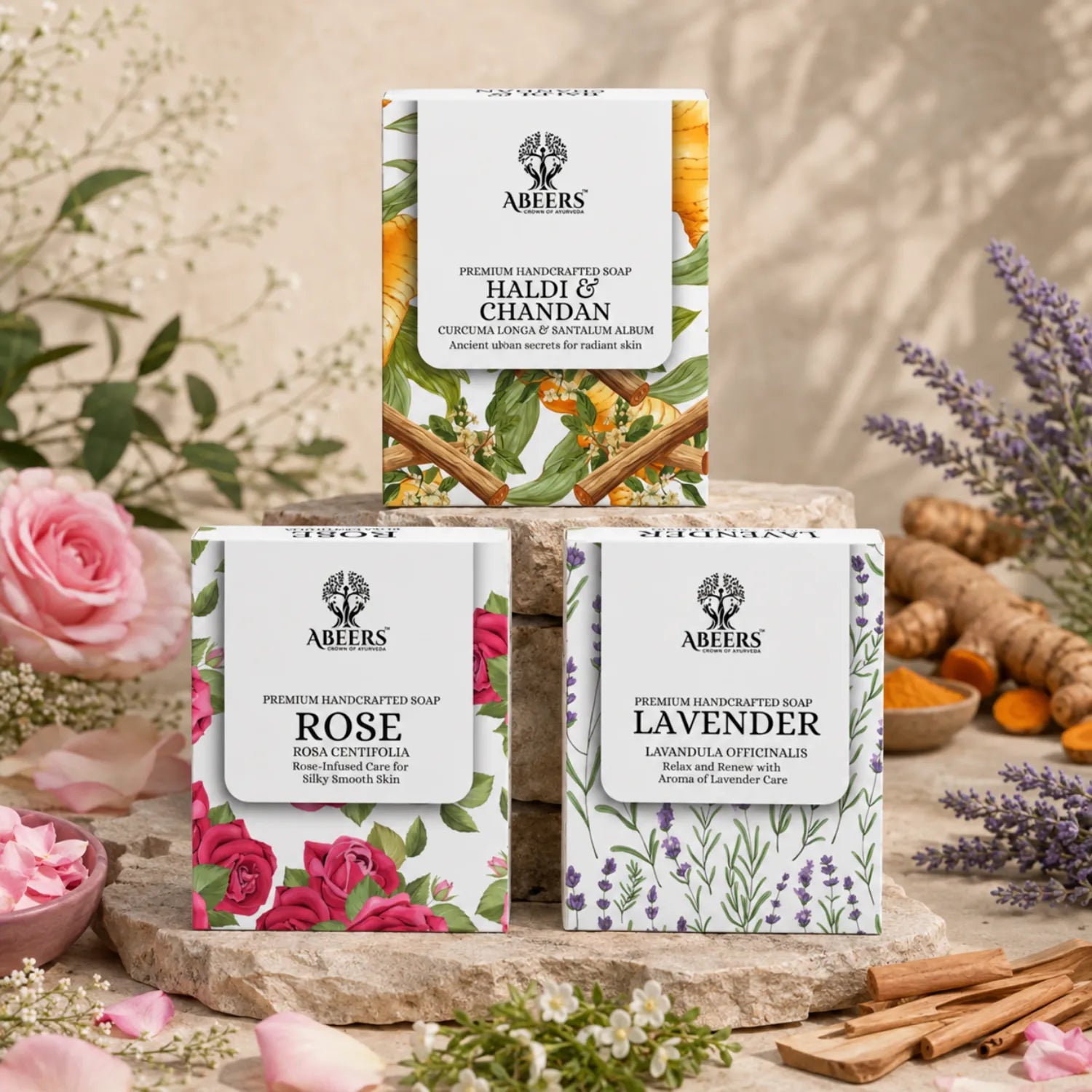 Cold Process Soap Combo – Rose, Lavender & Haldi Chandan (3 x 100g)