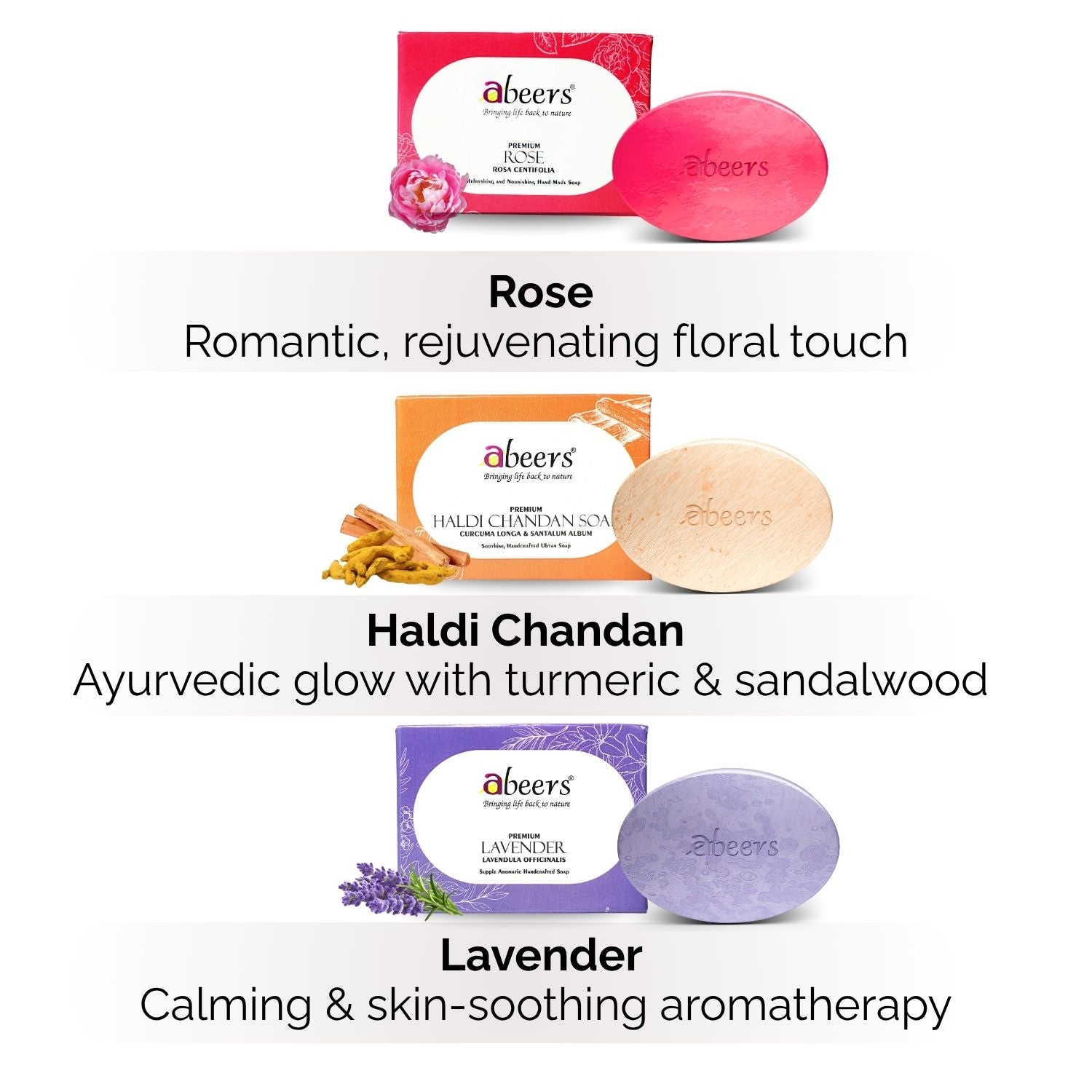 Abeers Cold Process Soap Set – Rose, Lavender & Haldi Chandan (3 x 100g)