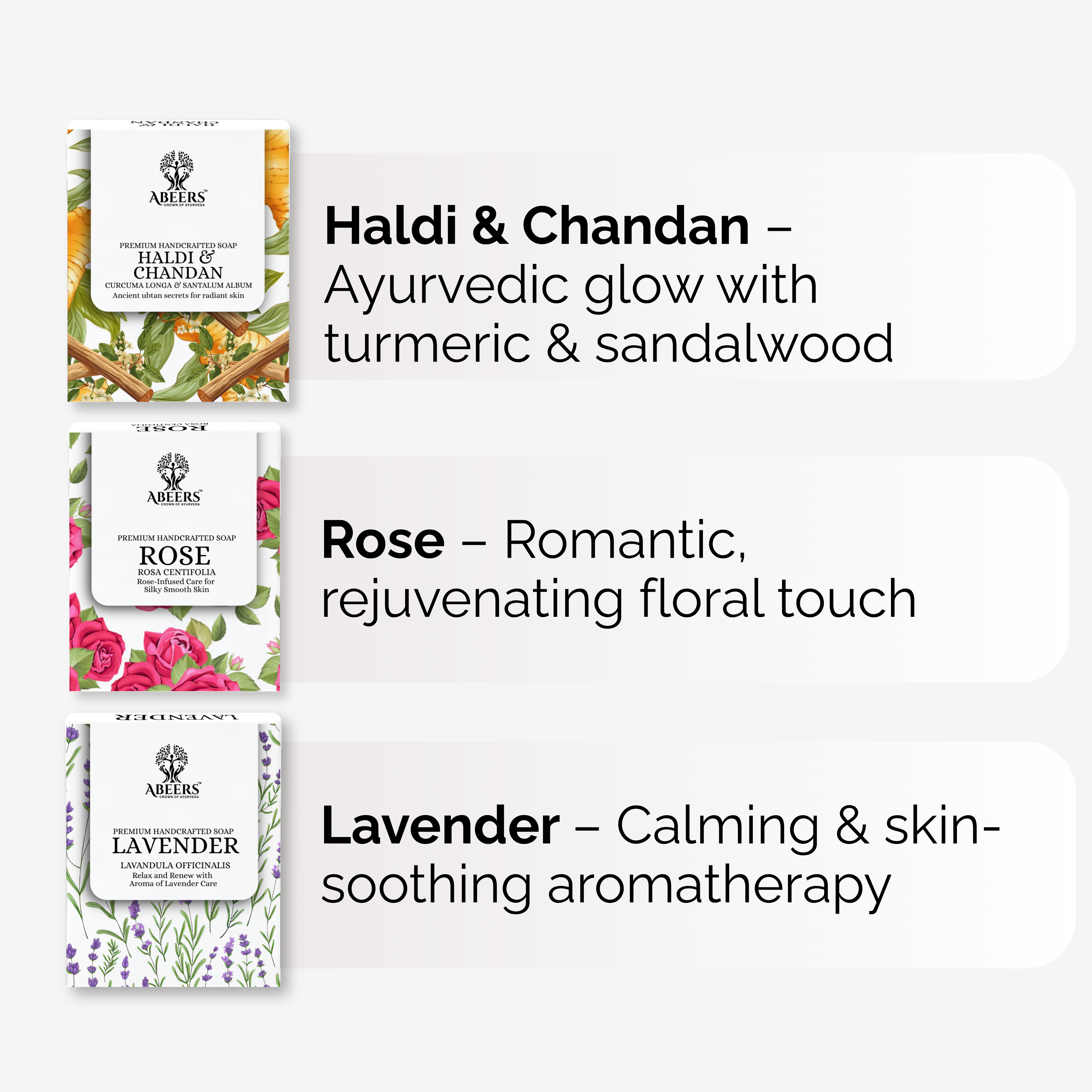 Cold Process Soap Set – Rose, Lavender & Haldi Chandan (3 x 100g)