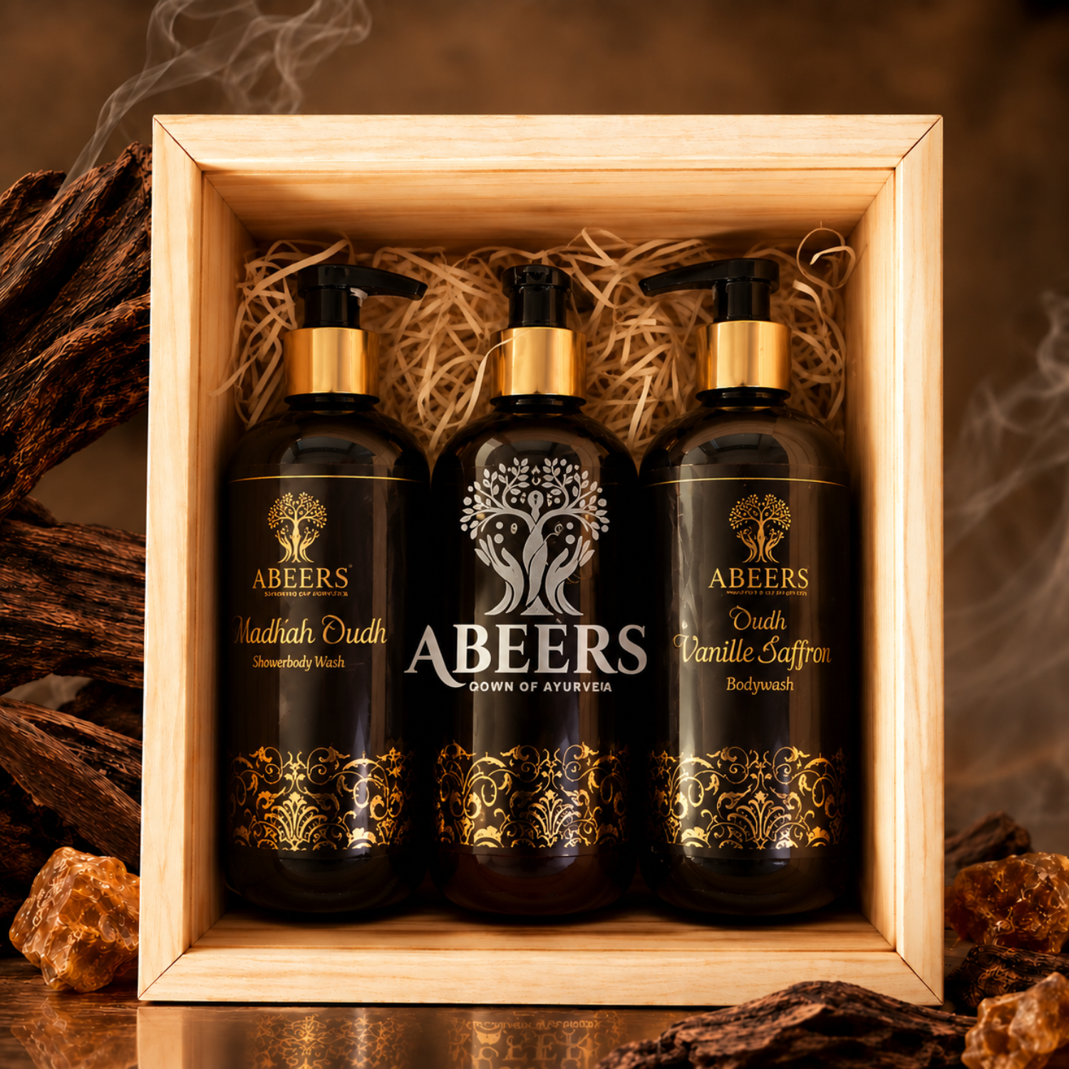 ABEERS Oud Ritual Gift Box — 3-Piece Ayurvedic Bath & Body Set in Handcrafted Wooden Crate